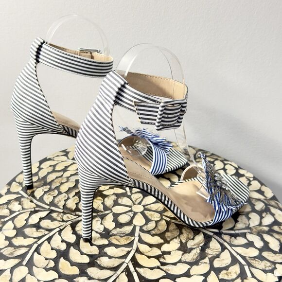 Mix No. 6 Lole Black Blue and White Stripe Heels w Flower Rhinestone Sandals 8.5 - Picture 8 of 10
